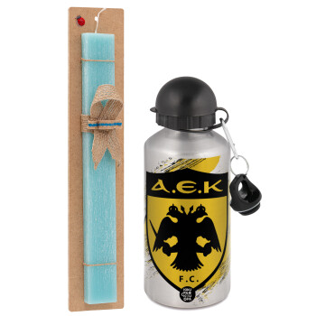 FC Α.Ε.Κ., Easter Set, metallic silver aluminum water bottle (500ml) & scented flat Easter candle (30cm) (TURQUOISE)