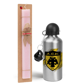 FC Α.Ε.Κ., Easter Set, metallic Silver aluminum water bottle (500ml) & scented flat Easter candle (30cm) (PINK)