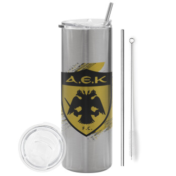 FC Α.Ε.Κ., Eco friendly stainless steel Silver tumbler 600ml, with metal straw & cleaning brush