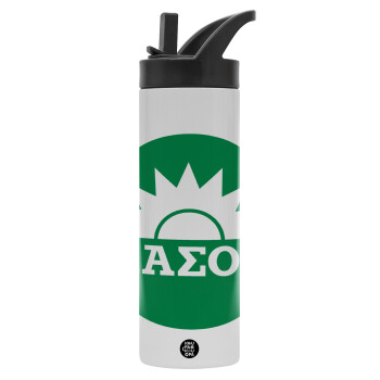 PASOK Green/White, Metallic thermos bottle with straw & handle, stainless steel (Stainless steel 304), double-walled, 600ml.