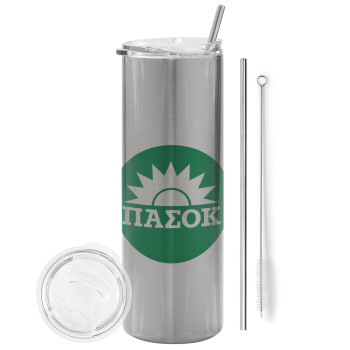 ΠΑΣΟΚ Πράσινο, Eco friendly ποτήρι θερμό Ασημένιο (tumbler) από ανοξείδωτο ατσάλι 600ml, με μεταλλικό καλαμάκι & βούρτσα καθαρισμού