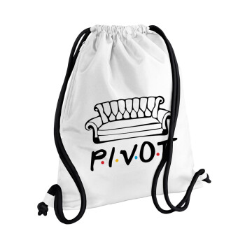 Friends Pivot, Τσάντα πλάτης πουγκί GYMBAG λευκή, με τσέπη (40x48cm) & χονδρά κορδόνια