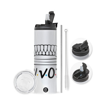 Friends Pivot, Travel Tumbler 2 Lids, with metal straw & cleaning brush (Stainless steel 304 Food grade, BPA free, 600ml)