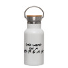 Metallic thermos (Stainless steel) White with wooden lid (bamboo), double-walled, 350ml