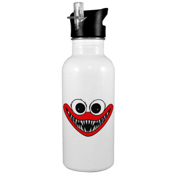 Huggy wuggy, White water bottle with straw, stainless steel 600ml
