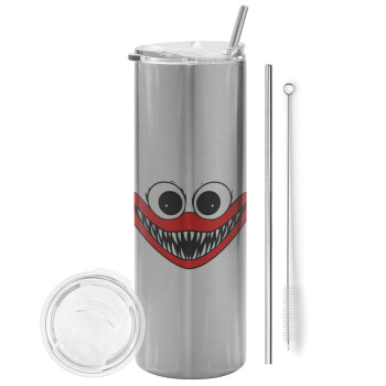 Huggy wuggy, Eco friendly ποτήρι θερμό Ασημένιο (tumbler) από ανοξείδωτο ατσάλι 600ml, με μεταλλικό καλαμάκι & βούρτσα καθαρισμού