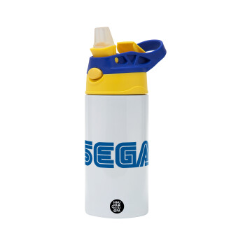 SEGA, Children's hot water bottle, stainless steel, with safety straw, green, blue (360ml) BPA FREE