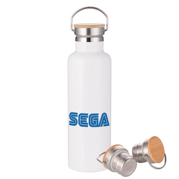 SEGA, Μεταλλικό παγούρι θερμός (Stainless steel) Λευκό με ξύλινο καπακι (bamboo), διπλού τοιχώματος, 750ml