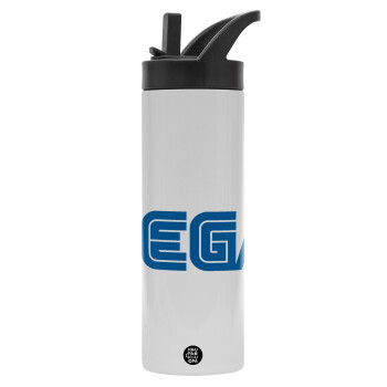 SEGA, Metallic thermos bottle with straw & handle, stainless steel (Stainless steel 304), double-walled, 600ml.