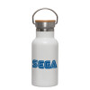 Metallic thermos (Stainless steel) White with wooden lid (bamboo), double-walled, 350ml