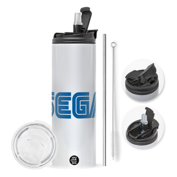 SEGA, Travel Tumbler θερμό με διπλό καπάκι, μεταλλικό καλαμάκι και βούρτσα καθαρισμού (Ανωξείδωτο 304 Food grade, BPA free, 600ml)