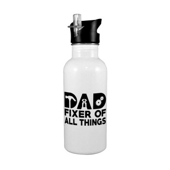 DAD, fixer of all thinks, White water bottle with straw, stainless steel 600ml