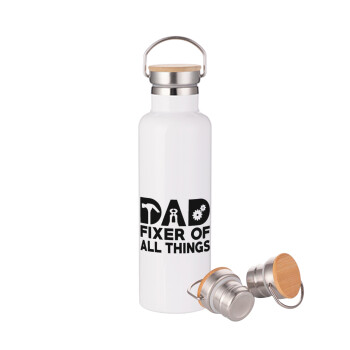 DAD, fixer of all thinks, Stainless steel White with wooden lid (bamboo), double wall, 750ml