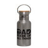 Stainless steel metallic thermos flask, silver with a bamboo lid, double-walled, 350ml.