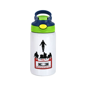 Running up that hill, Stranger Things, Children's hot water bottle, stainless steel, with safety straw, green, blue (350ml)