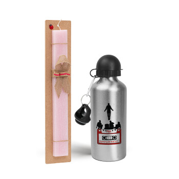 Running up that hill, Stranger Things, Easter Set, metallic Silver aluminum water bottle (500ml) & scented flat Easter candle (30cm) (PINK)