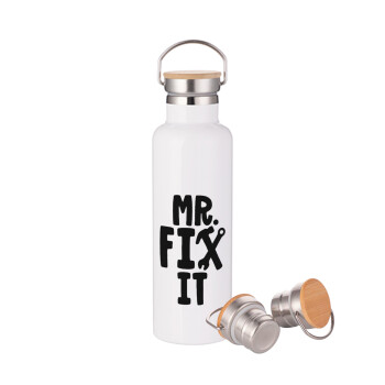 Mr fix it, Μεταλλικό παγούρι θερμός (Stainless steel) Λευκό με ξύλινο καπακι (bamboo), διπλού τοιχώματος, 750ml