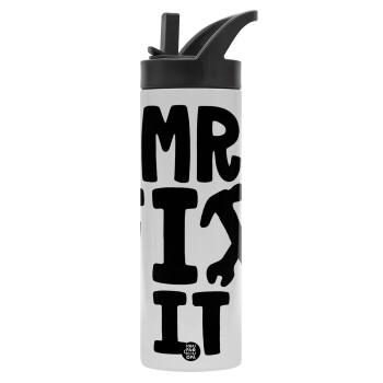 Mr fix it, Metallic thermos bottle with straw & handle, stainless steel (Stainless steel 304), double-walled, 600ml.