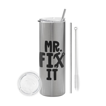 Mr fix it, Eco friendly stainless steel Silver tumbler 600ml, with metal straw & cleaning brush