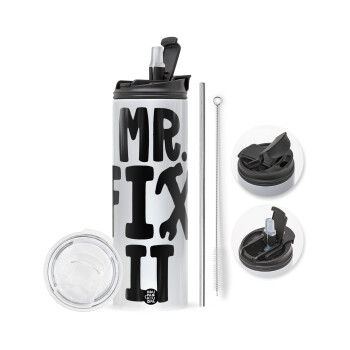 Mr fix it, Travel Tumbler θερμό με διπλό καπάκι, μεταλλικό καλαμάκι και βούρτσα καθαρισμού (Ανωξείδωτο 304 Food grade, BPA free, 600ml)