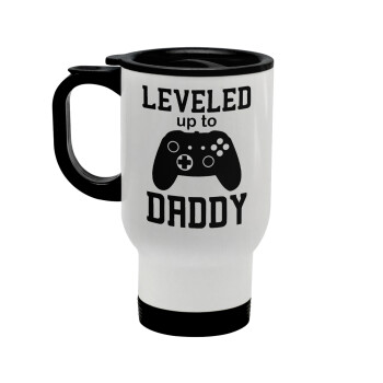 Leveled to Daddy, Stainless steel travel mug with lid, double wall white 450ml