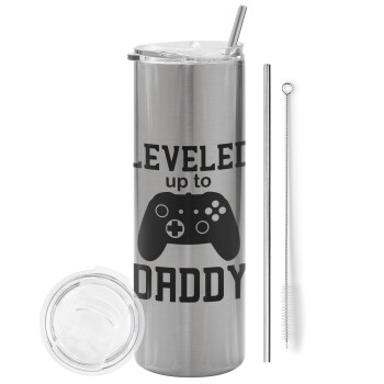 Leveled to Daddy, Eco friendly ποτήρι θερμό Ασημένιο (tumbler) από ανοξείδωτο ατσάλι 600ml, με μεταλλικό καλαμάκι & βούρτσα καθαρισμού