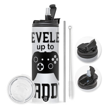 Leveled to Daddy, Travel Tumbler 2 Lids, with metal straw & cleaning brush (Stainless steel 304 Food grade, BPA free, 600ml)