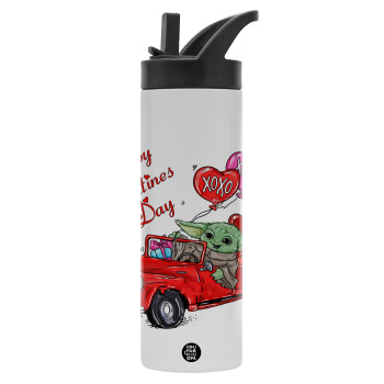 Yoda, happy valentines day (xoxo), Metallic thermos bottle with straw & handle, stainless steel (Stainless steel 304), double-walled, 600ml.