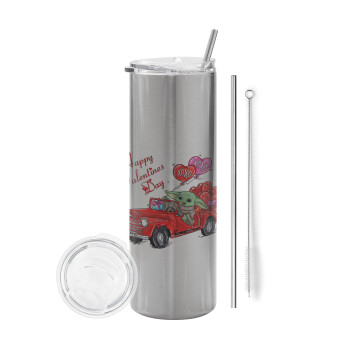 Yoda, happy valentines day (xoxo), Tumbler stainless steel Silver 600ml, with metal straw & cleaning brush