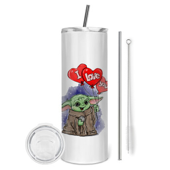 Yoda, i love you, Eco friendly ποτήρι θερμό (tumbler) από ανοξείδωτο ατσάλι 600ml, με μεταλλικό καλαμάκι & βούρτσα καθαρισμού