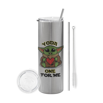 Yoda, one for me , Eco friendly ποτήρι θερμό Ασημένιο (tumbler) από ανοξείδωτο ατσάλι 600ml, με μεταλλικό καλαμάκι & βούρτσα καθαρισμού