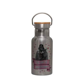 Darth Vader, you take my breath away, Stainless steel metallic thermos flask, silver with a bamboo lid, double-walled, 350ml.