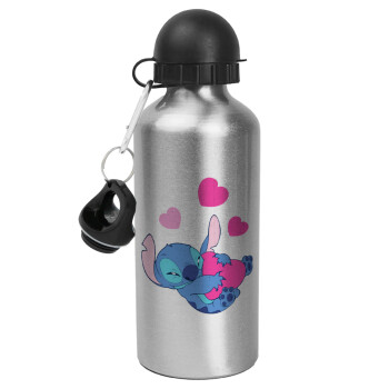 Lilo & Stitch hugs and hearts, Metallic water jug, Silver, aluminum 500ml