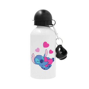 Lilo & Stitch hugs and hearts, Metal water bottle, White, aluminum 500ml