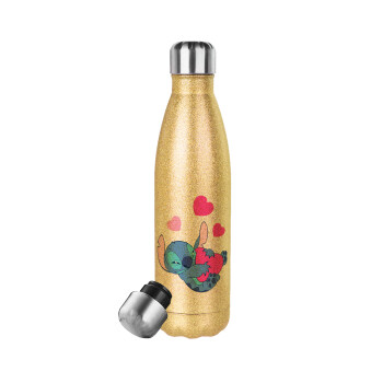 Lilo & Stitch hugs and hearts, Glitter gold stainless steel thermos bottle, double-walled, 500ml