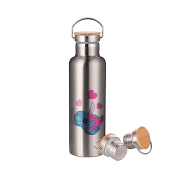 Lilo & Stitch hugs and hearts, Stainless steel Silver with wooden lid (bamboo), double wall, 750ml