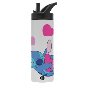 Lilo & Stitch hugs and hearts, Metallic thermos bottle with straw & handle, stainless steel (Stainless steel 304), double-walled, 600ml.