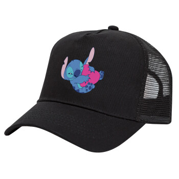 Lilo & Stitch hugs and hearts, Trucker Hat with Mesh, Black, (COTTON, KIDS, UNISEX, ONE SIZE)