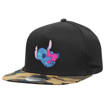 Lilo & Stitch hugs and hearts, Adult Flat Snapback Hat Black/Camouflage, (100% COTTON TWILL, ADULT, UNISEX, ONE SIZE)