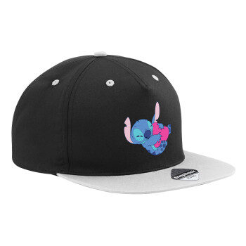 Lilo & Stitch hugs and hearts, Adult Flat Snapback Hat Black/Grey, (100% COTTON TWILL, ADULT, UNISEX, ONE SIZE)