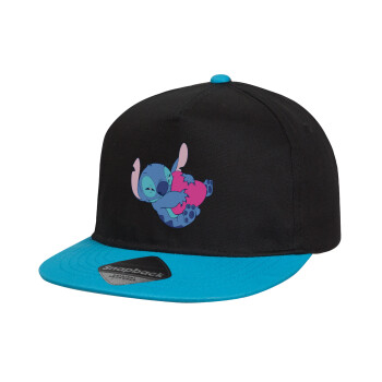 Lilo & Stitch hugs and hearts, Child's Flat Snapback Hat, Black/Blue (100% COTTON, CHILD, UNISEX, ONE SIZE)