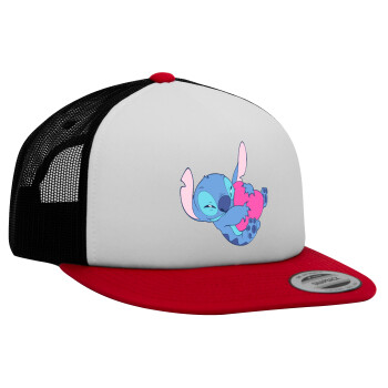 Lilo & Stitch hugs and hearts, Adult Foam Flat Snapback with Mesh Red-White-Black (POLYESTER, ADULT, UNISEX, ONE SIZE)