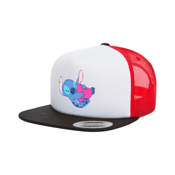 Lilo & Stitch hugs and hearts, Adult Foam Flat Snapback with Mesh Black-White-Red (POLYESTER, ADULT, UNISEX, ONE SIZE)