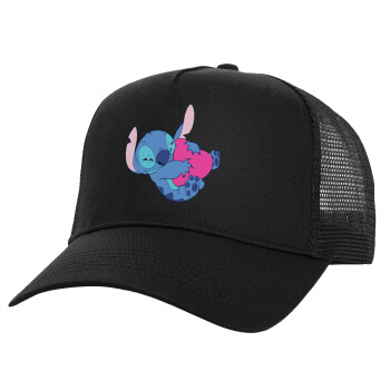 Lilo & Stitch hugs and hearts, Structured Trucker Adult Hat, with Mesh, Black (100% COTTON, ADULT, UNISEX, ONE SIZE)