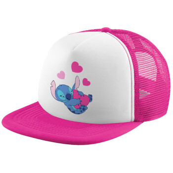 Lilo & Stitch hugs and hearts, Child's Soft Trucker Hat with Pink/White Mesh (POLYESTER, CHILD, ONE SIZE)