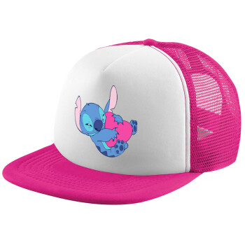 Lilo & Stitch hugs and hearts, Adult Soft Trucker Hat with Pink/White Mesh (POLYESTER, ADULT, UNISEX, ONE SIZE)