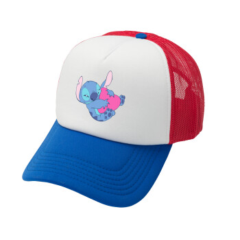 Lilo & Stitch hugs and hearts, Adult Soft Trucker Hat with Red/Blue/White Mesh (POLYESTER, ADULT, UNISEX, ONE SIZE)