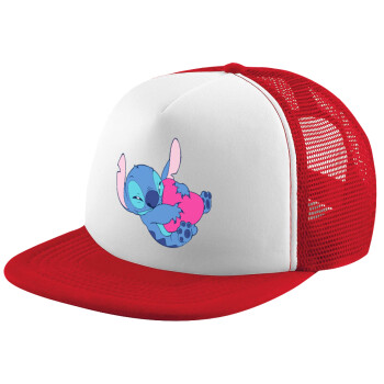 Lilo & Stitch hugs and hearts, Adult Soft Trucker Hat with Red/White Mesh (POLYESTER, ADULT, UNISEX, ONE SIZE)