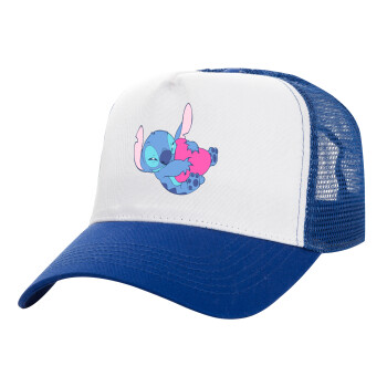 Lilo & Stitch hugs and hearts, Adult Structured Trucker Hat, with Mesh, WHITE/BLUE (100% COTTON, ADULT, UNISEX, ONE SIZE)