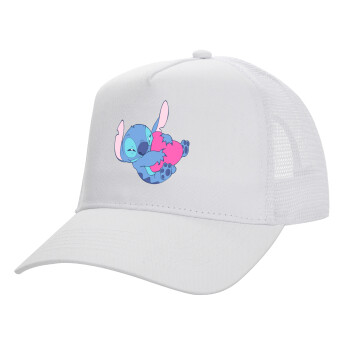 Lilo & Stitch hugs and hearts, Structured Trucker Adult Hat, with Mesh, WHITE (100% COTTON, ADULT, UNISEX, ONE SIZE)